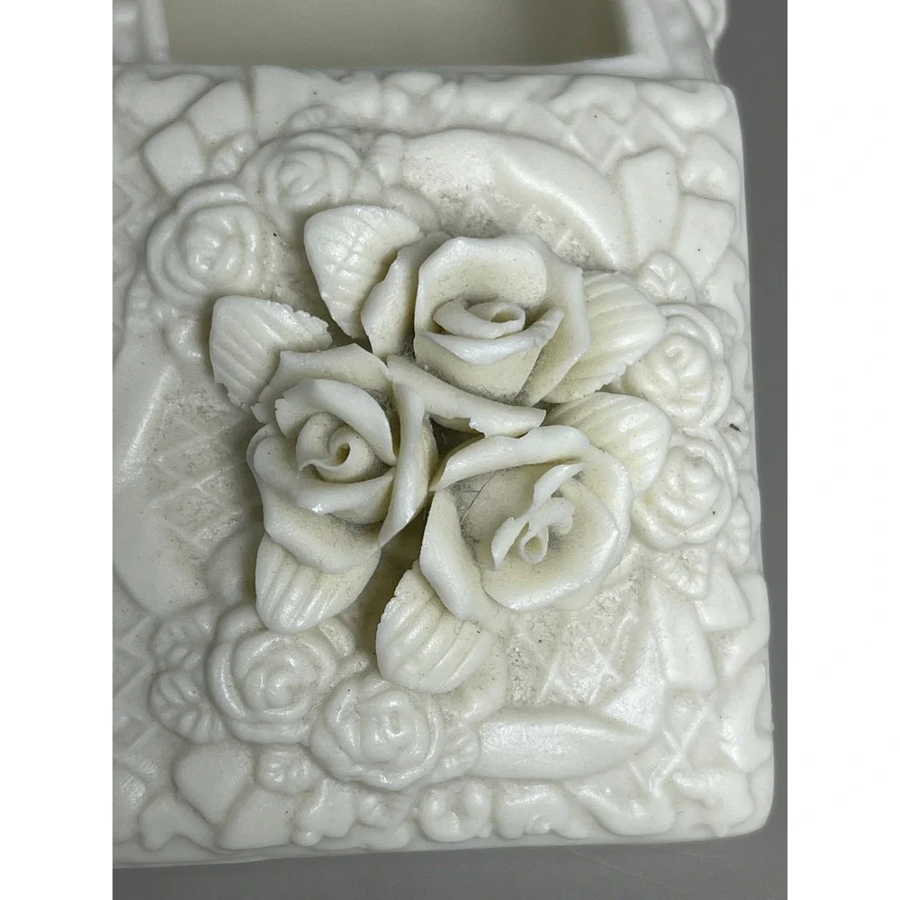 White Porcelain Bisque Jewelry Trinket Dish Roses Victorian 3